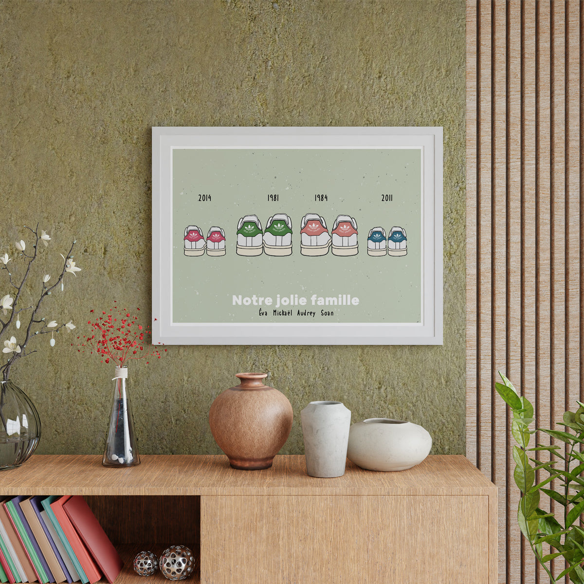 Affiche illustrant des baskets blanches sur fond clair.
