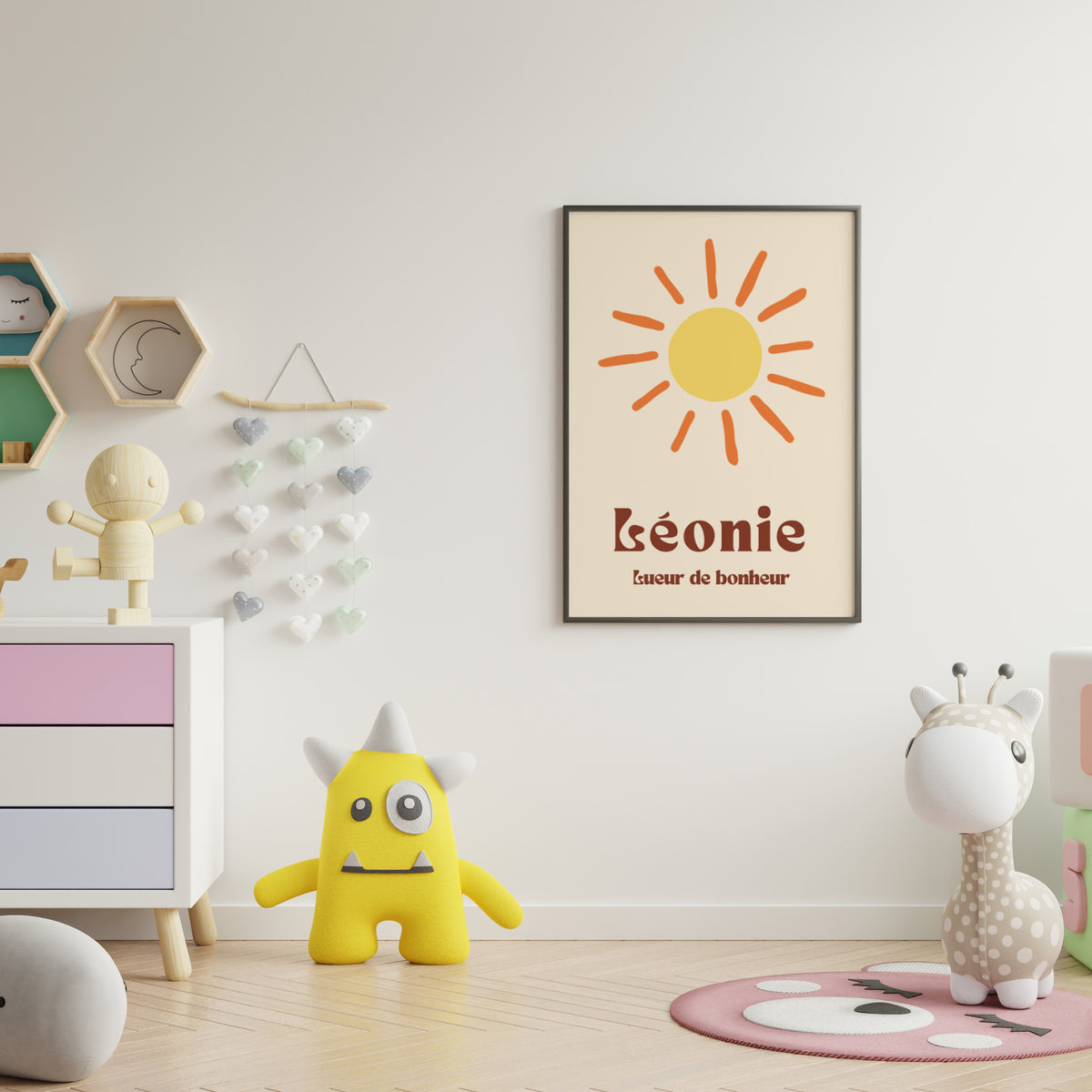 Affiche moderne avec rayons de soleil stylisés sur fond clair.