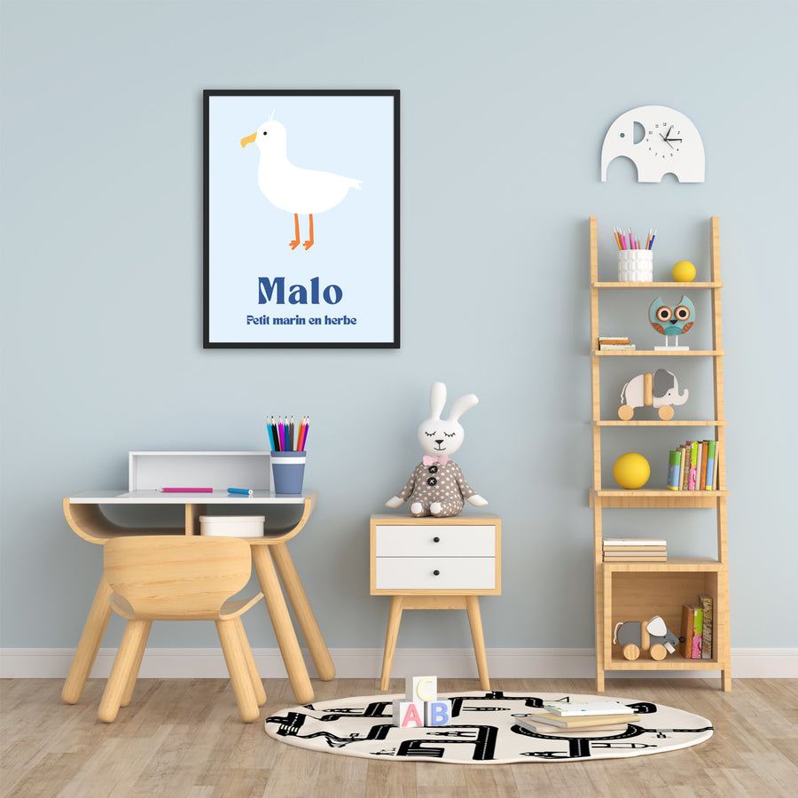 Affiche de mouette avec un design léger et aérien.