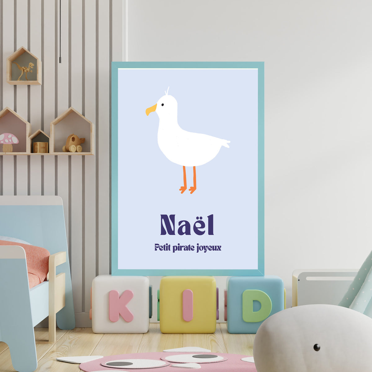 Affiche de mouette avec un design marin et des couleurs vives.
