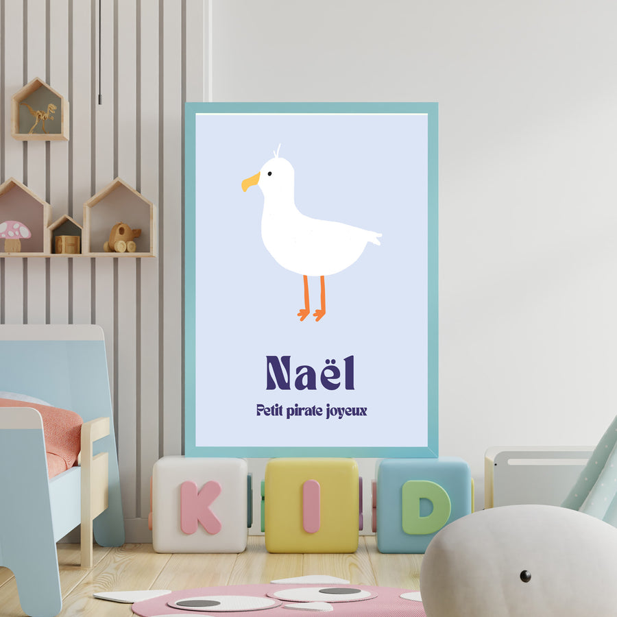 Affiche de mouette avec un design marin et des couleurs vives.