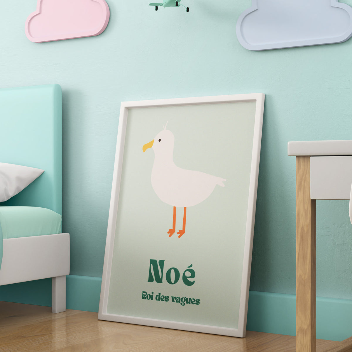 Affiche de mouette en vol sur fond clair, style artistique