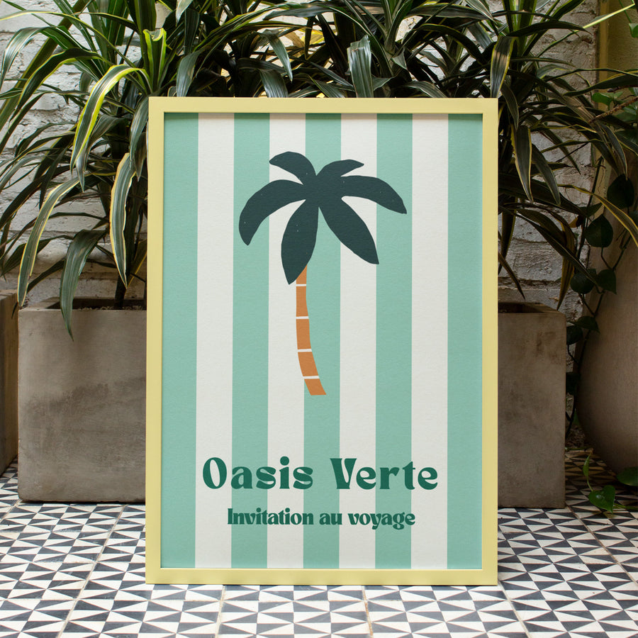 Affiche palmier avec des nuances de vert et un design tropical.