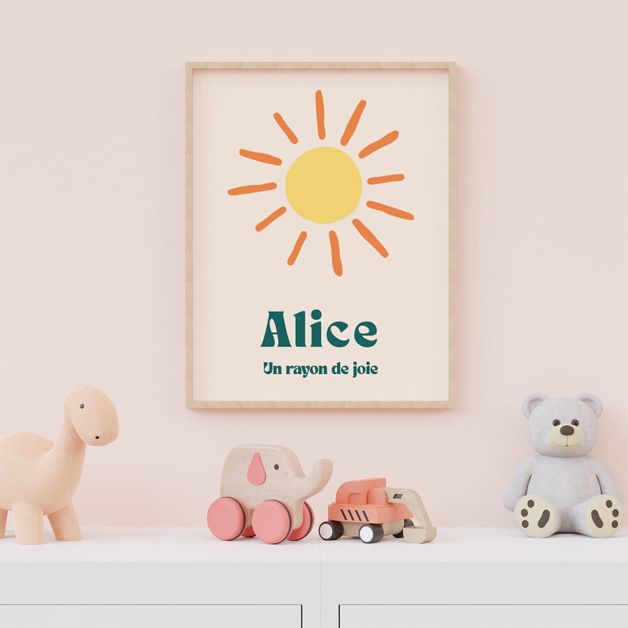 Affiche soleil avec rayons stylisés sur fond clair