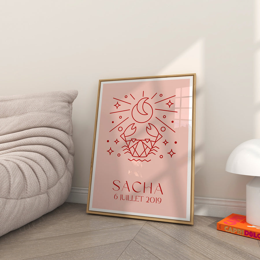Affiche du signe du zodiaque Cancer avec motifs délicats.