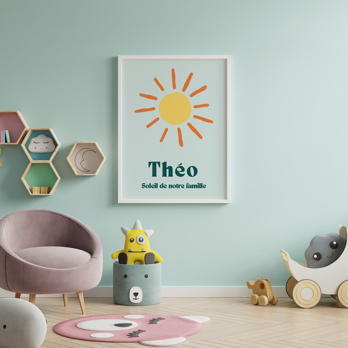 Affiche soleil avec rayons stylisés sur fond clair