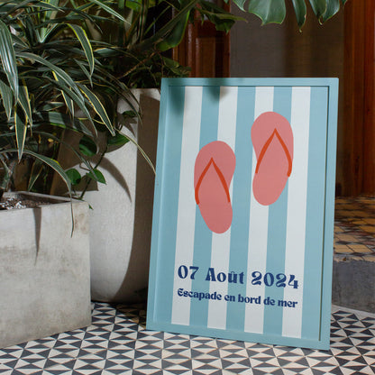 Affiche colorée de tongs sur fond de plage ensoleillé