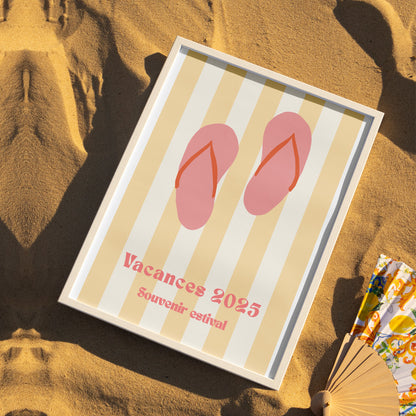 Affiche colorée de tongs sur fond blanc, style estival