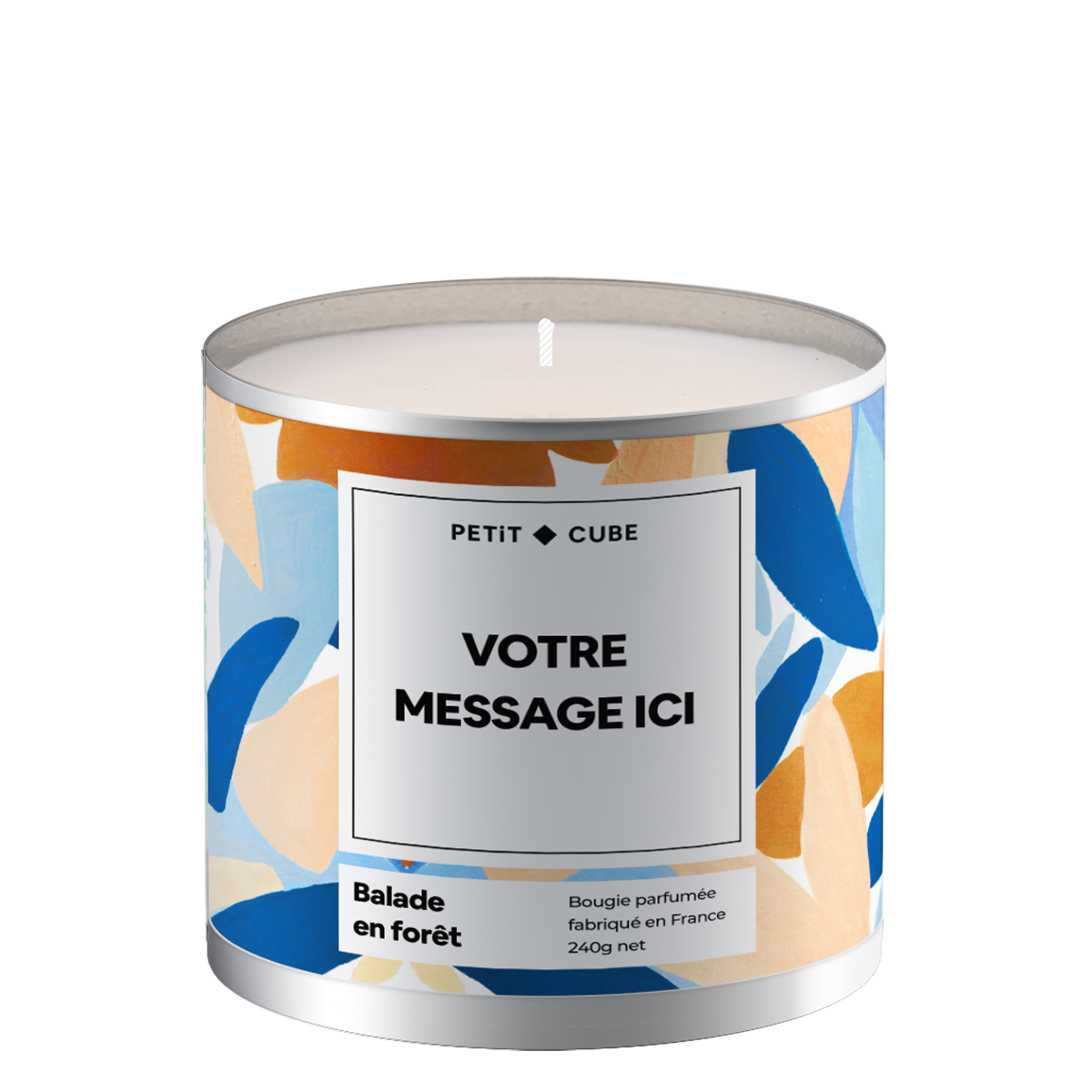 Bougie personnalisée avec motif floral sur fond blanc