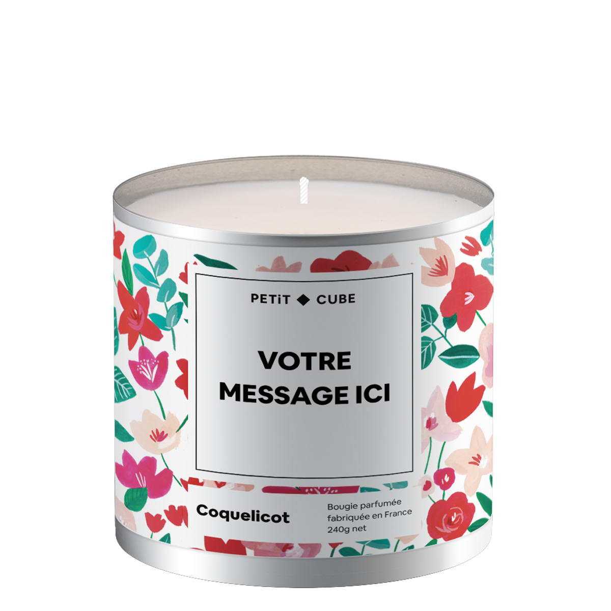 Bougie personnalisée avec motif coquelicot sur la surface.