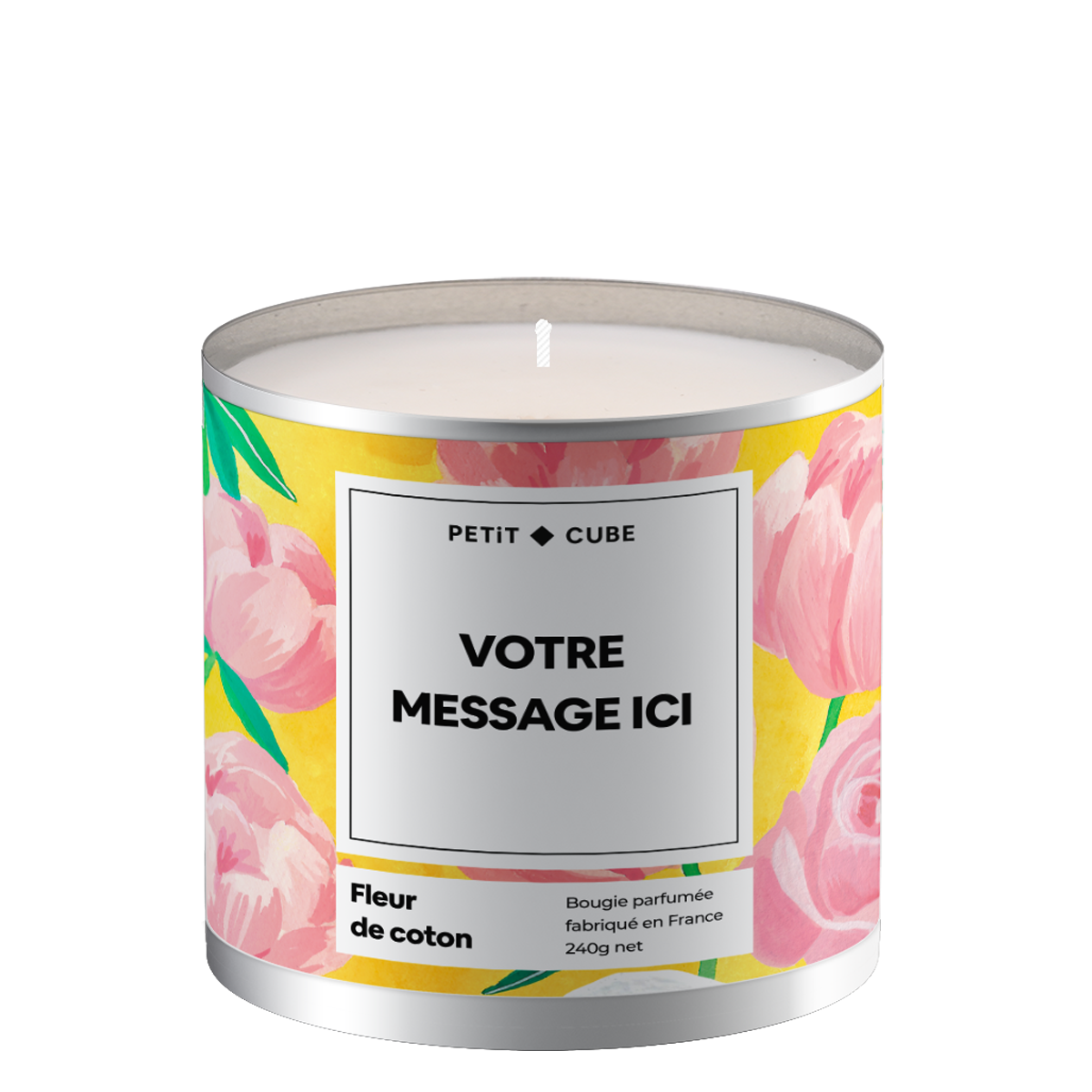 Bougie personnalisée avec motif floral délicat sur le verre.
