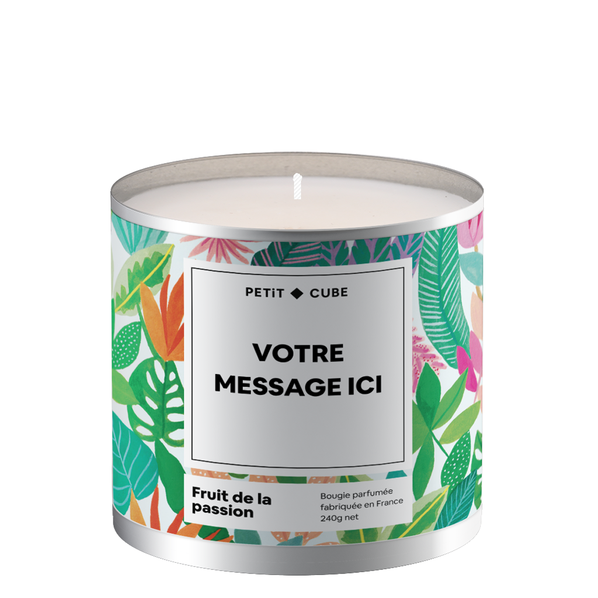 Bougie personnalisée avec motif fruit de la passion en gros plan.