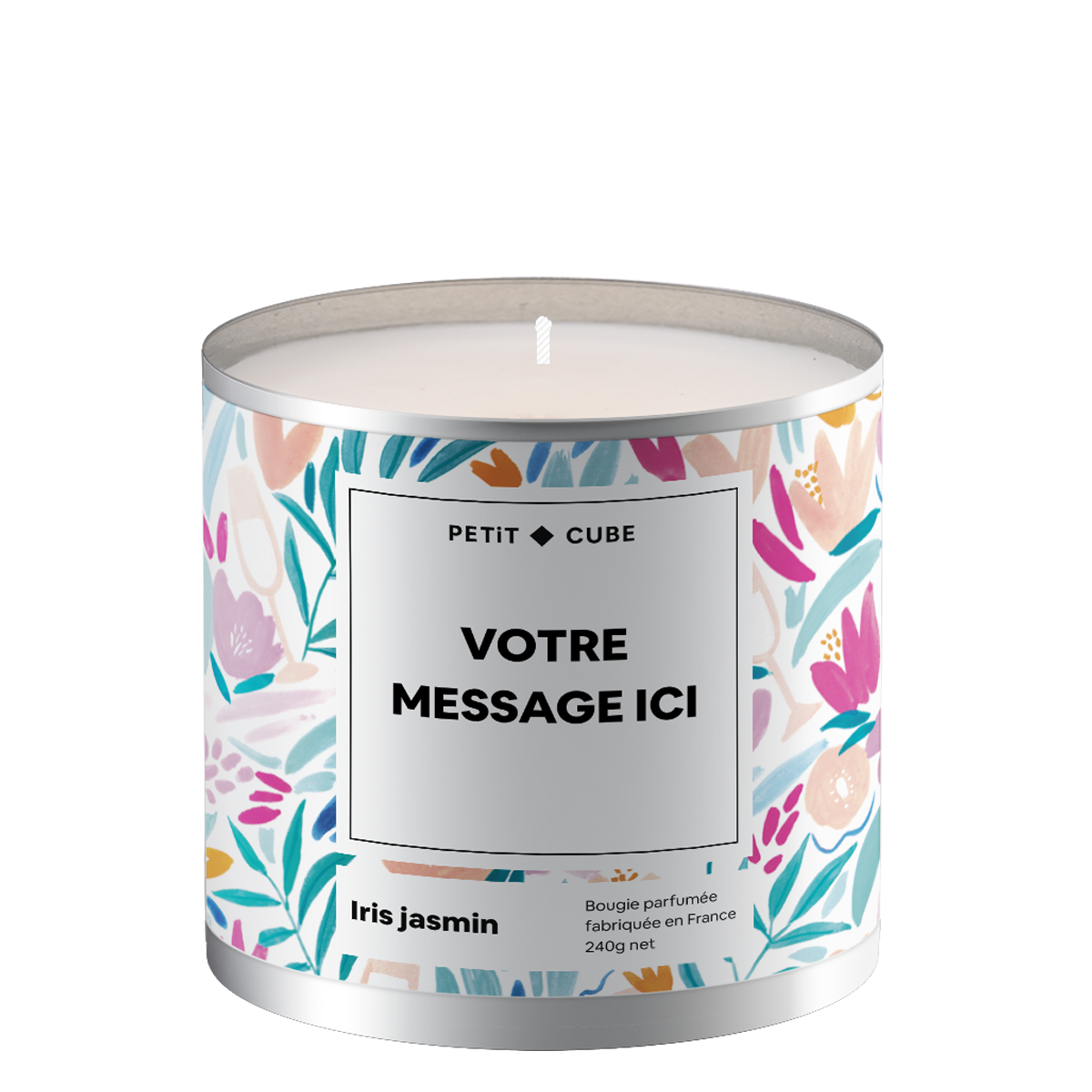 Bougie personnalisée avec motif floral délicat sur la surface.