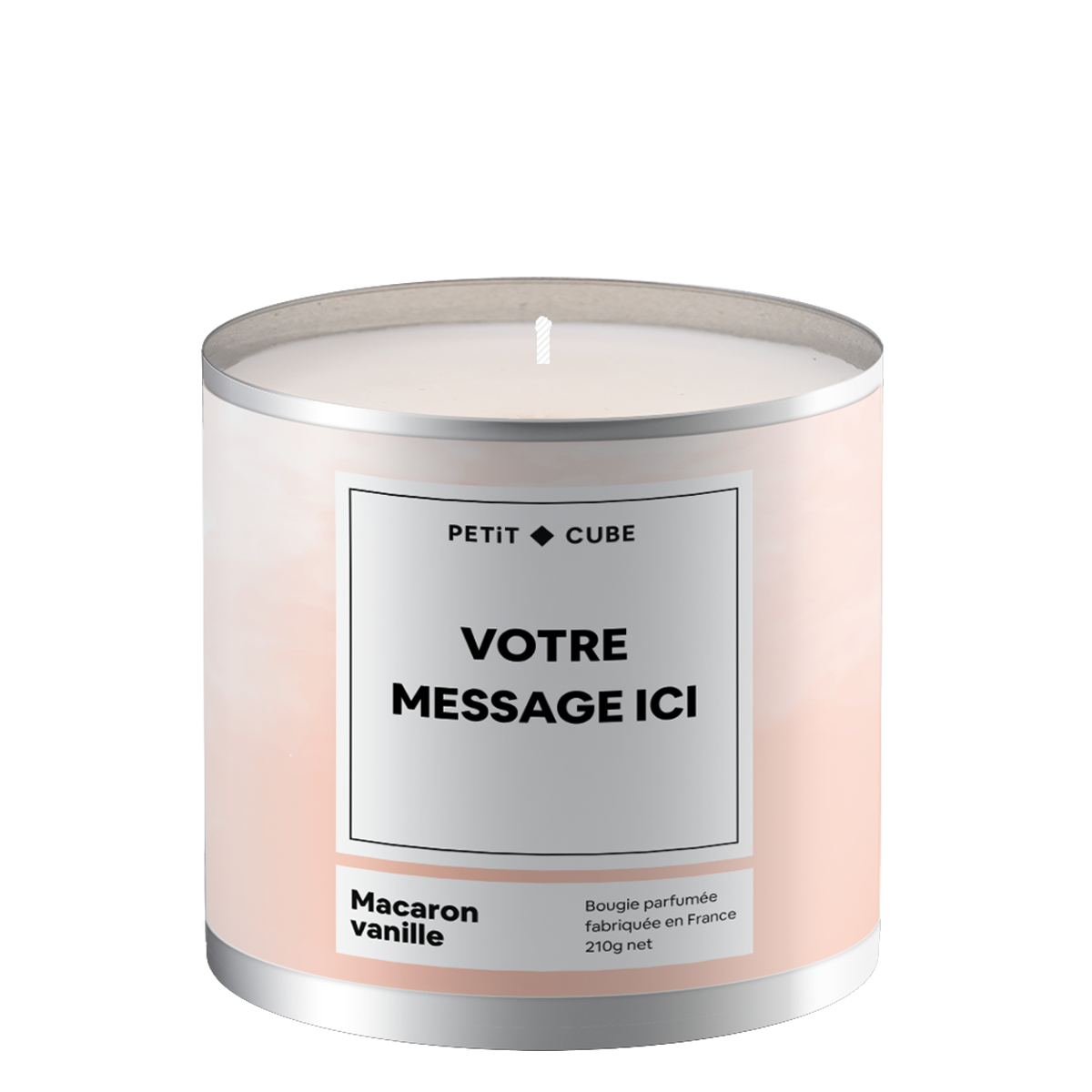 Bougie personnalisée avec motif de macaron et parfum vanille.