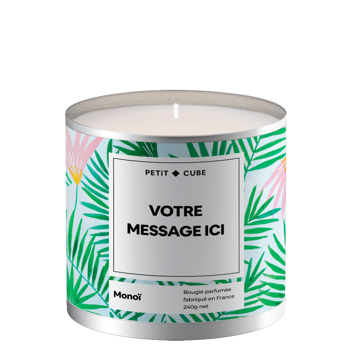 Bougie personnalisée avec motif floral sur la surface.