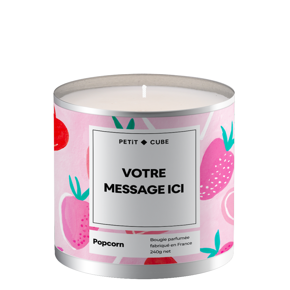 Bougie personnalisée avec motif popcorn sur le dessus.