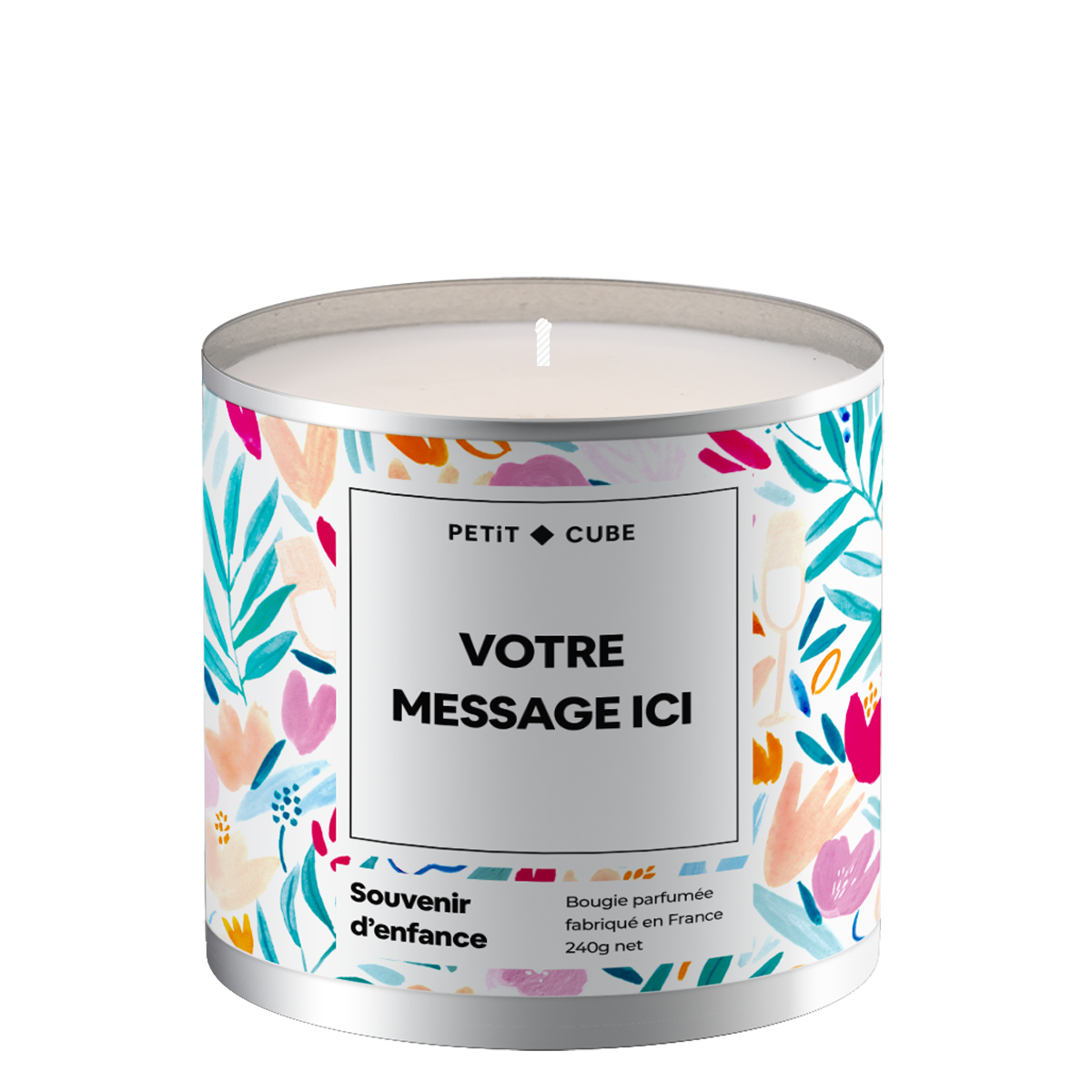 Bougie personnalisée avec motif floral délicat sur le verre.