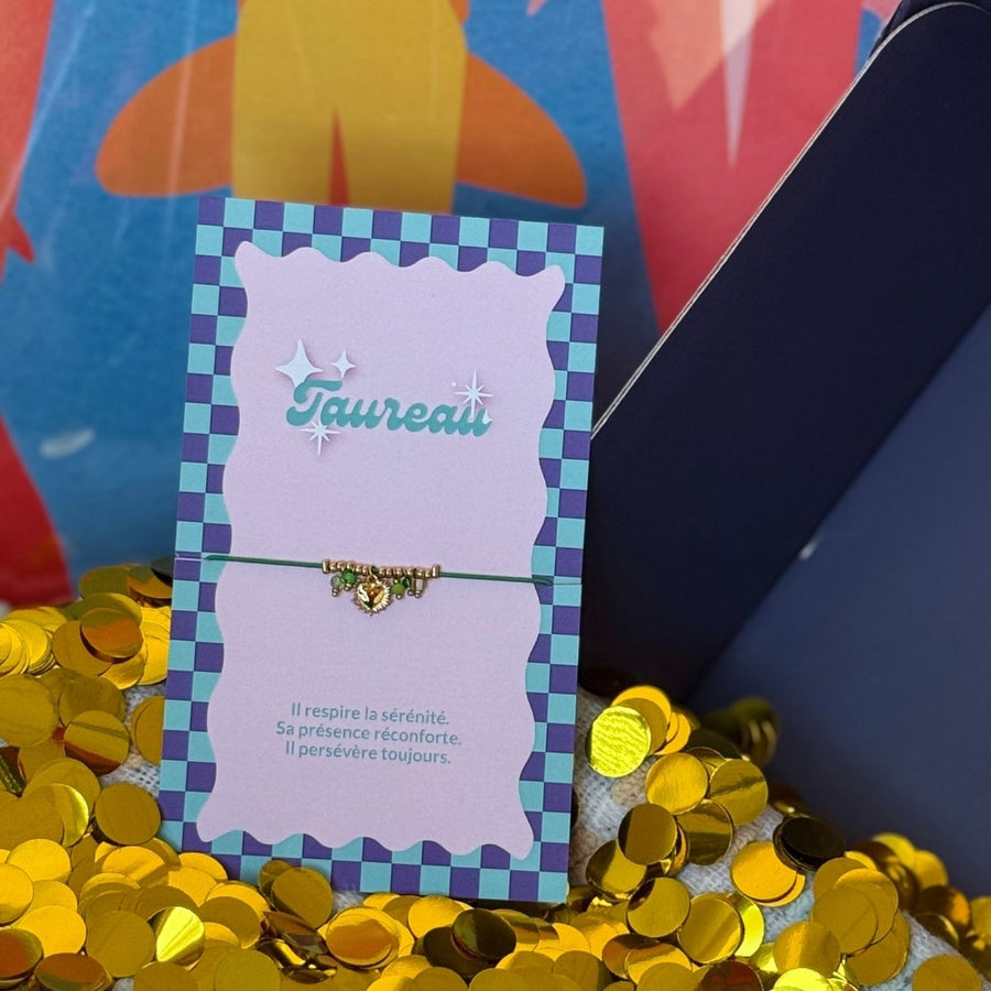 Bracelet Taureau fin, orné d’un pendentif cœur et de petites perles vertes