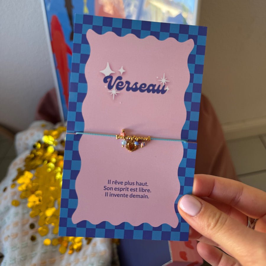 Bracelet Verseau à cordon turquoise, perles colorées et cœur doré