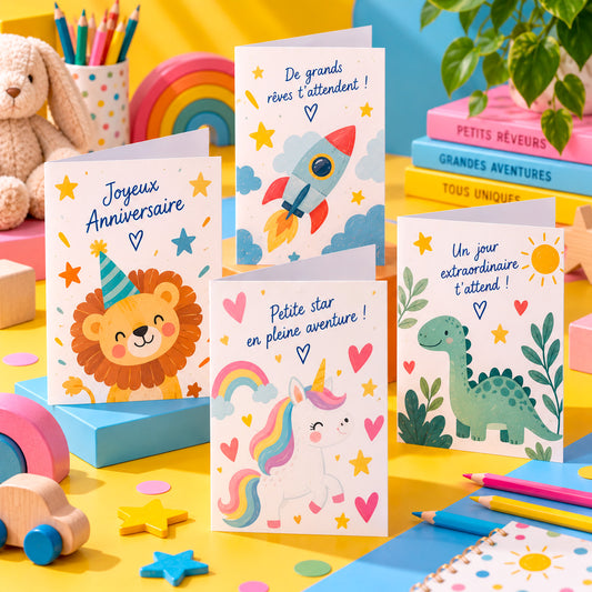 Carte personnalisée pour enfant avec motif coloré et photo