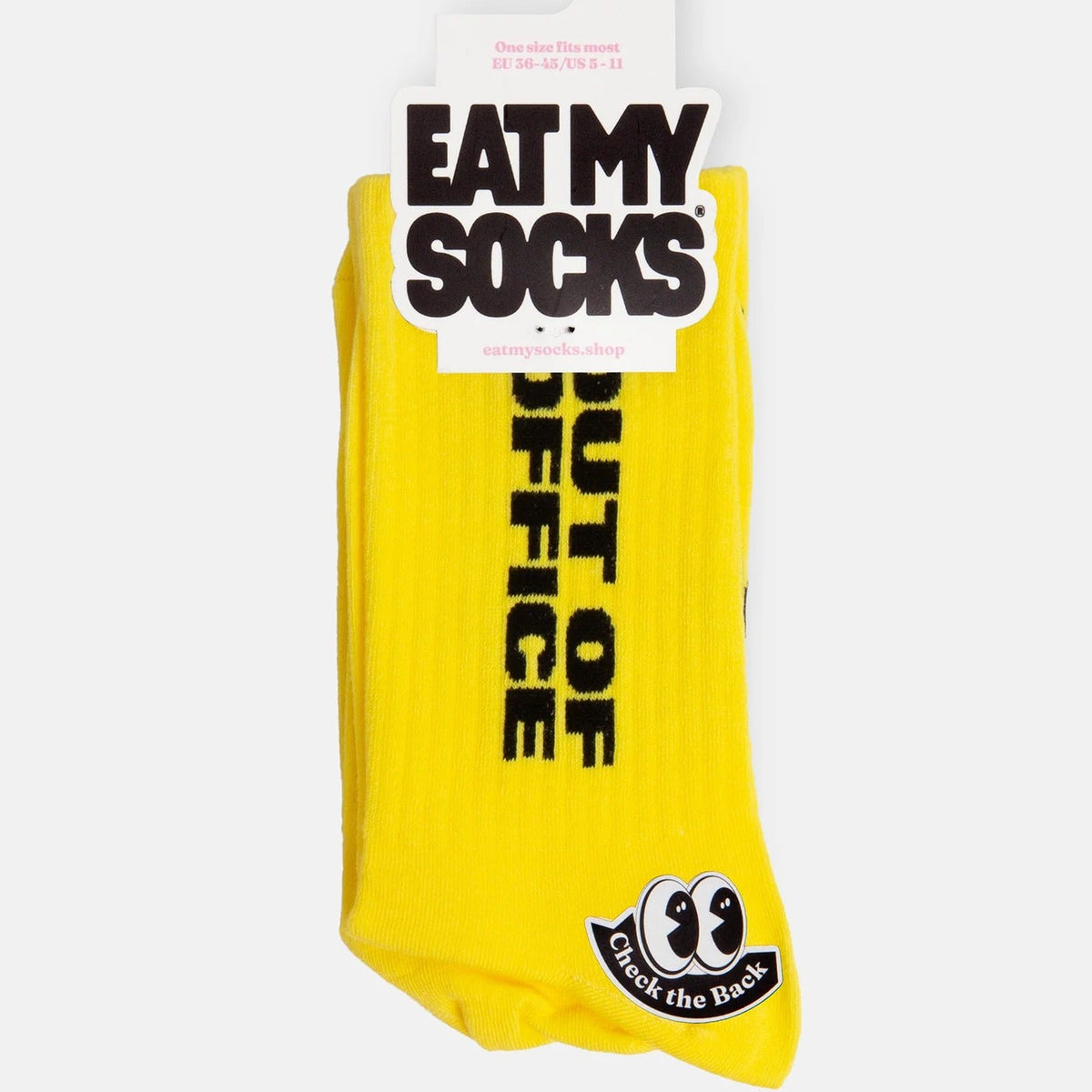 Chaussette jaune vif avec l’inscription noire « Out of Office »