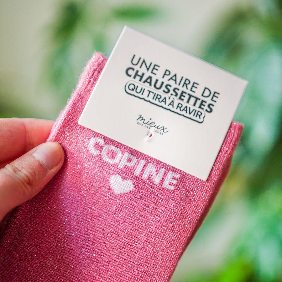 Chaussettes roses pailletées avec inscription 'Copine'