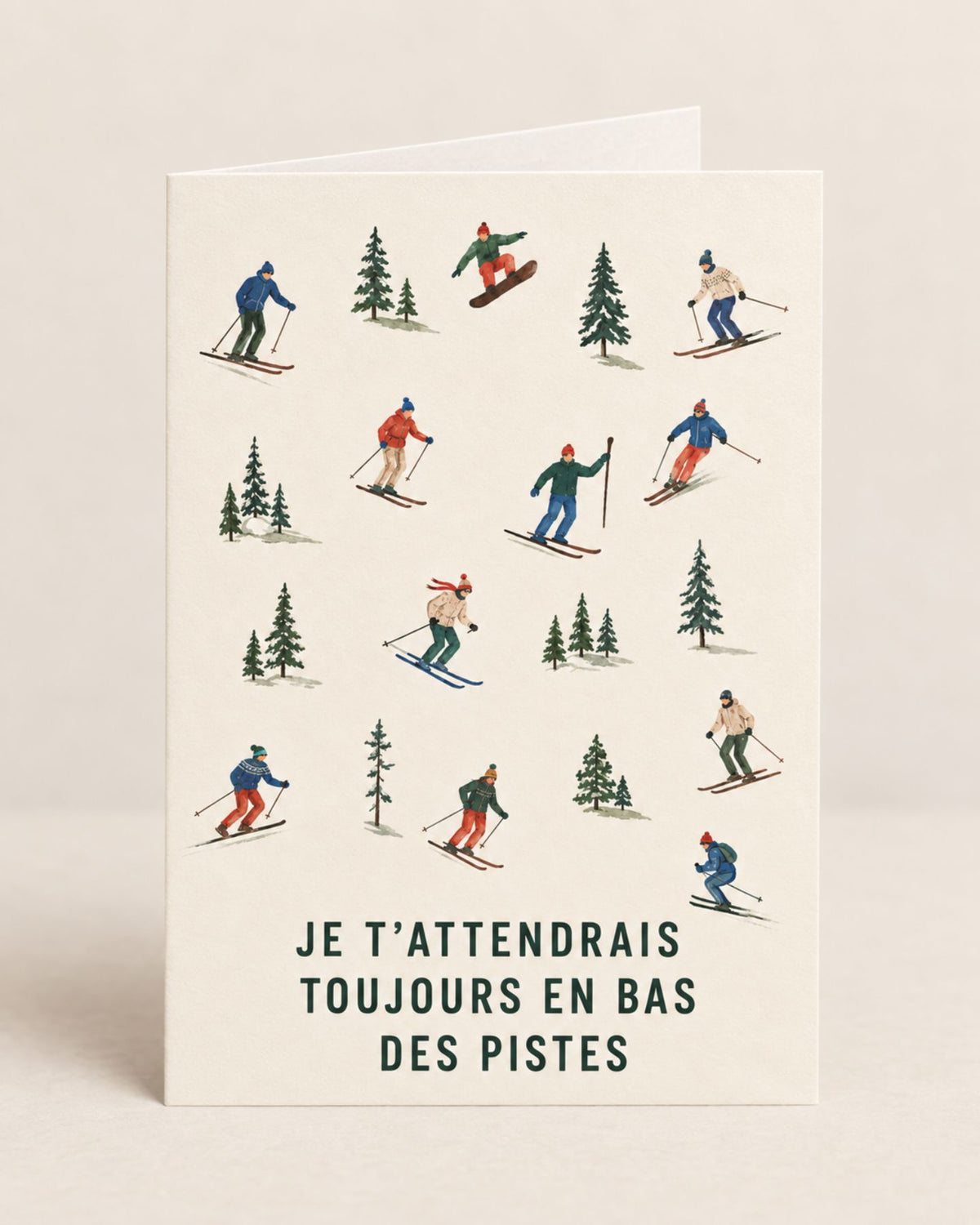 Carte personnalisée illustrant des skieurs en bas des pistes