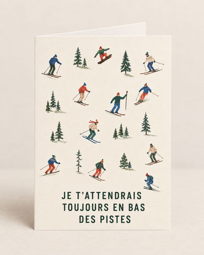 Carte personnalisée illustrant des skieurs en bas des pistes