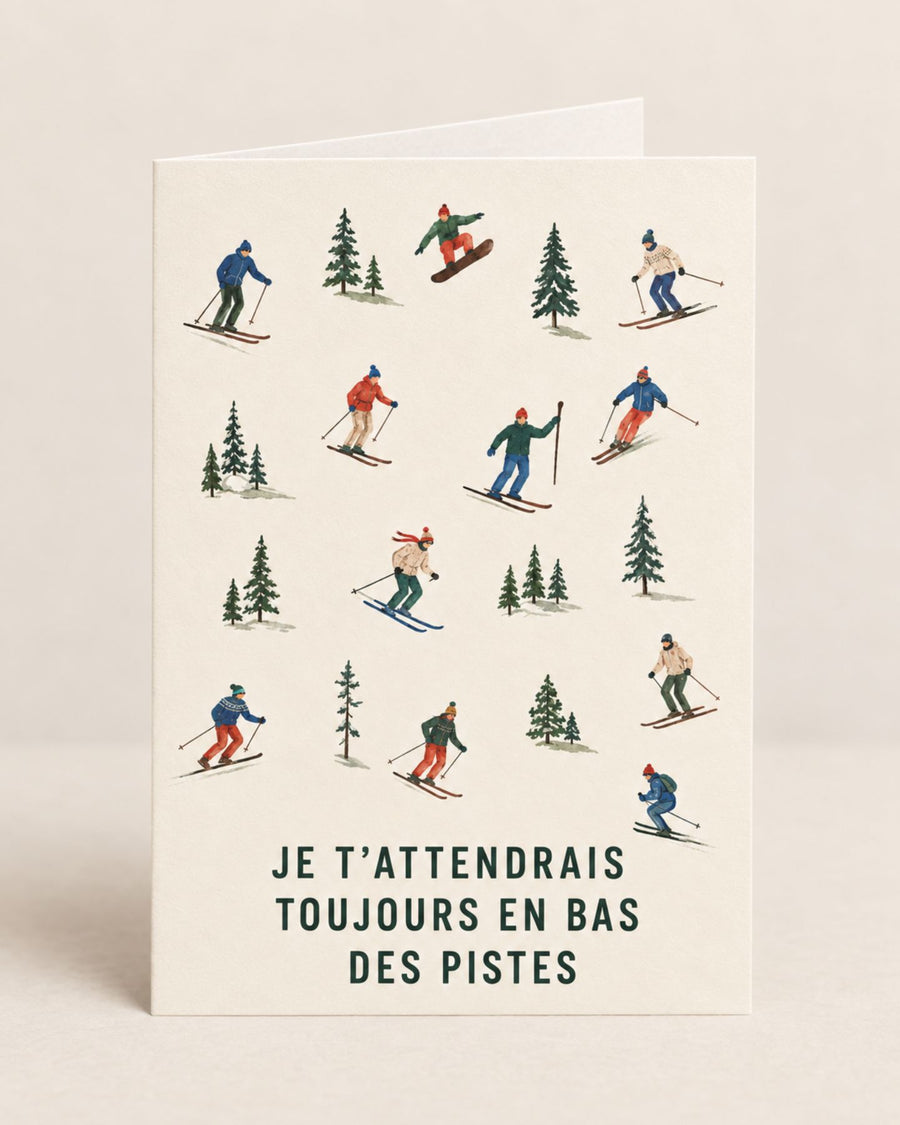 Carte personnalisée illustrant des skieurs en bas des pistes