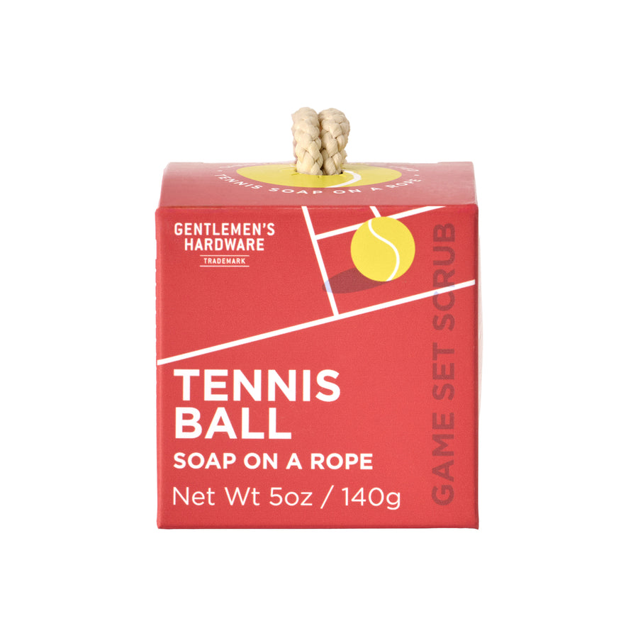 Savon en forme de balle de tennis avec corde, vue de face