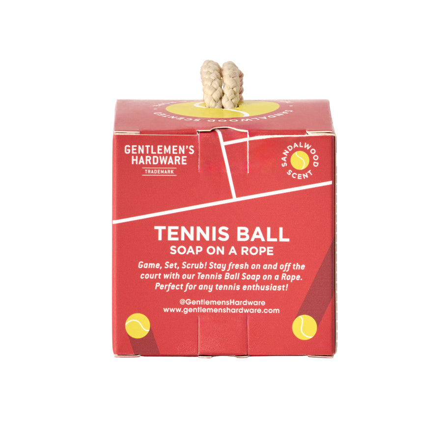 Savon en forme de balle de tennis avec corde, vue de côté
