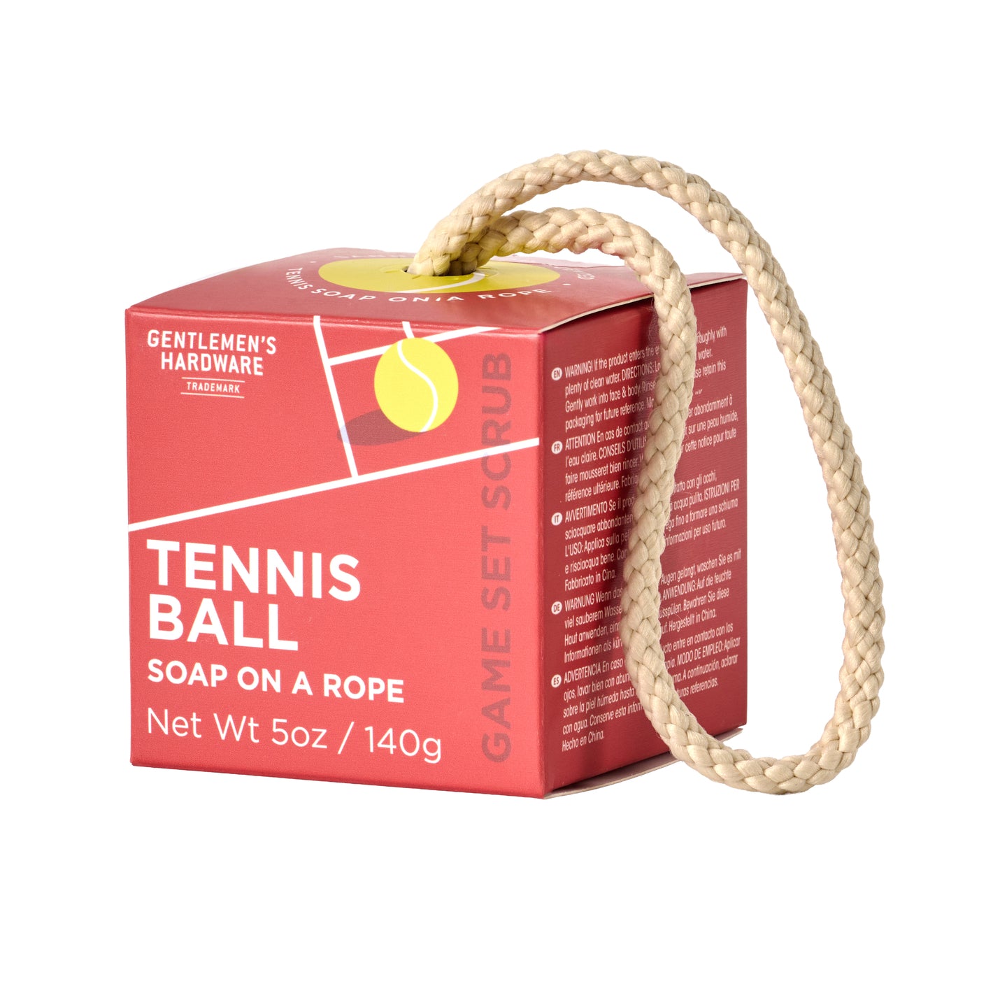 Savon en forme de balle de tennis avec corde, vue de côté