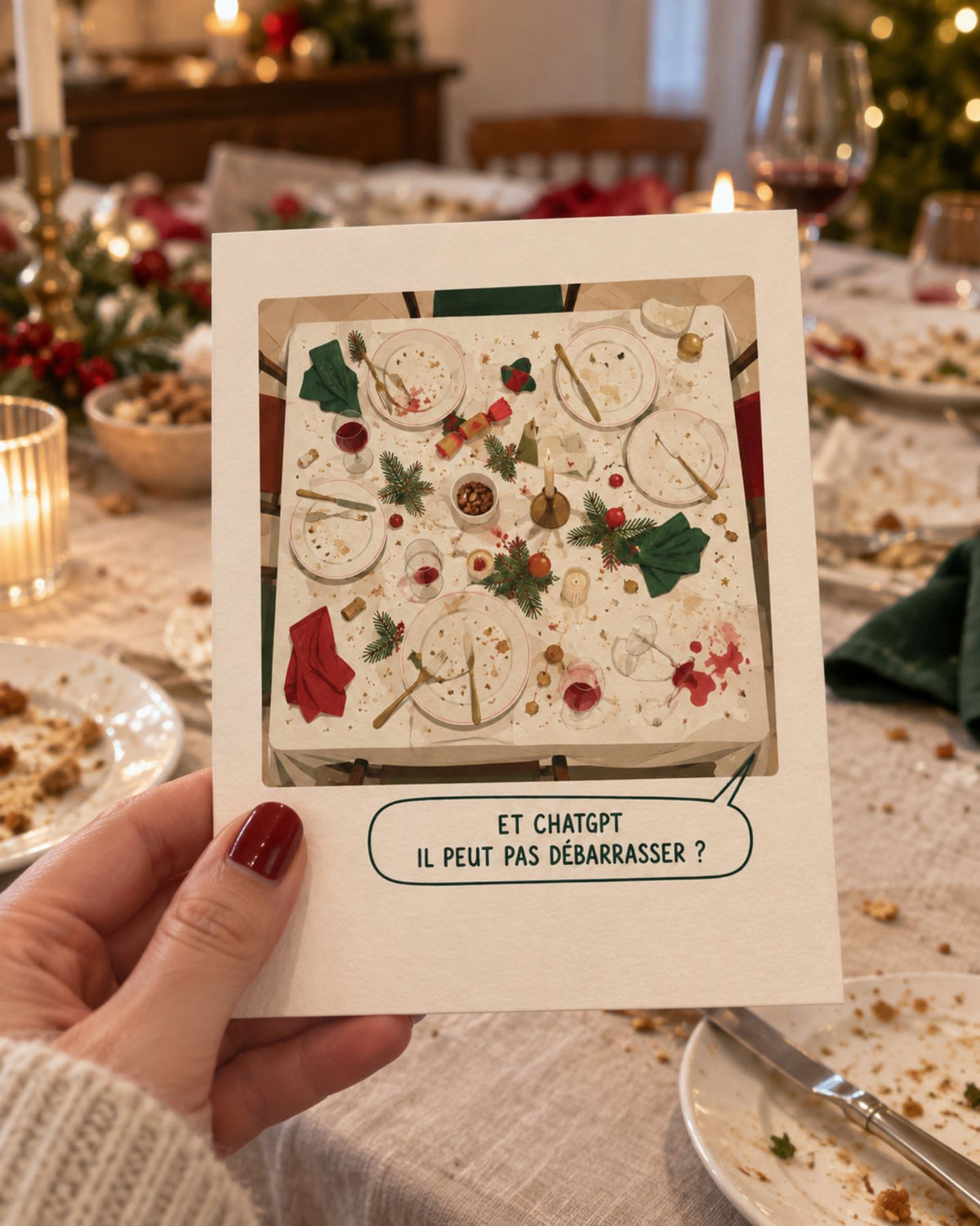 Carte humoristique sur le thème de Noël avec illustration de vaisselle