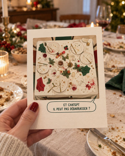 Carte humoristique sur le thème de Noël avec illustration de vaisselle