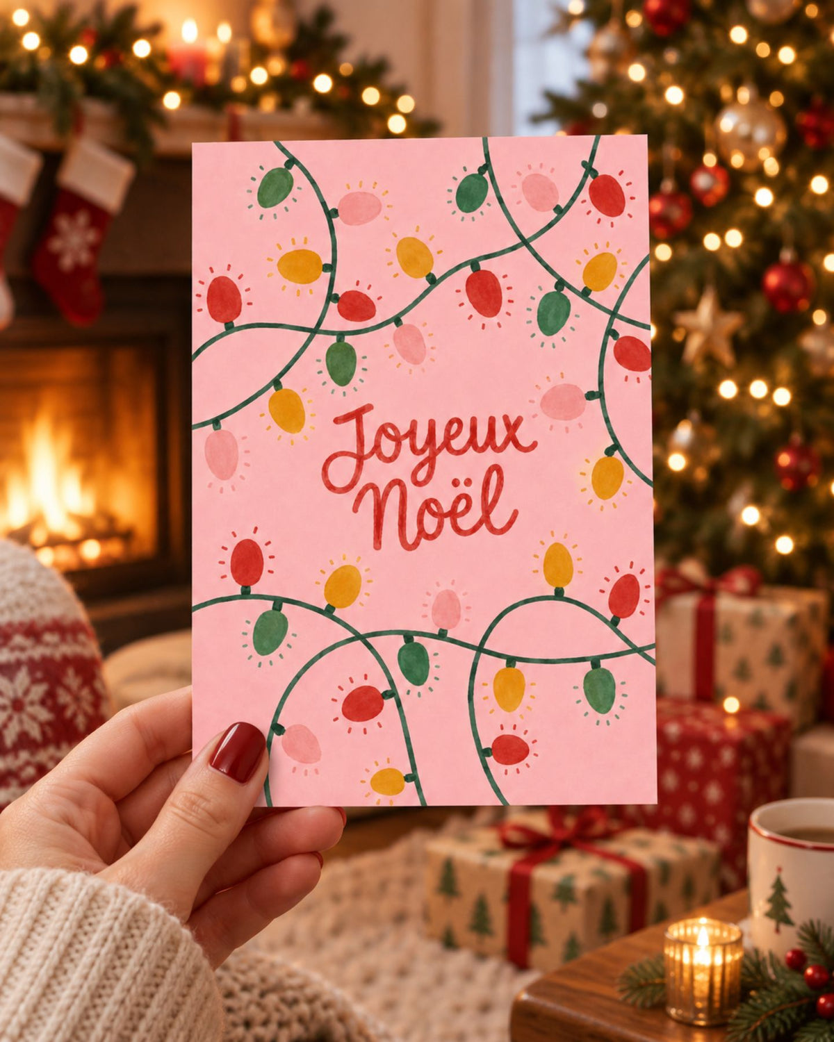 Carte de Noël avec guirlande colorée et texte festif