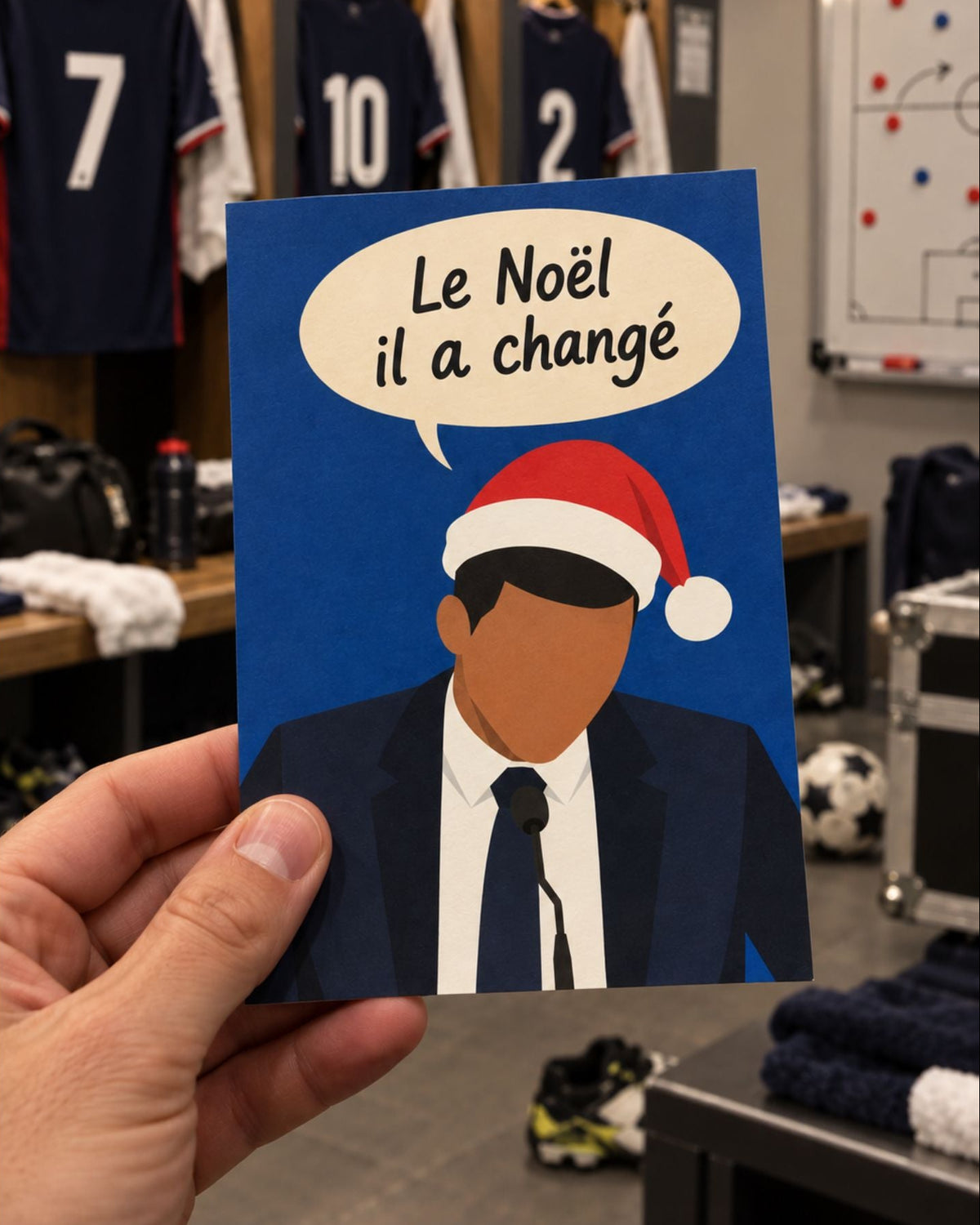 Carte humoristique de Noël avec design festif et football