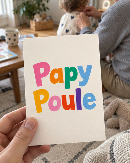 Carte Papy Poule avec illustration colorée et texte joyeux