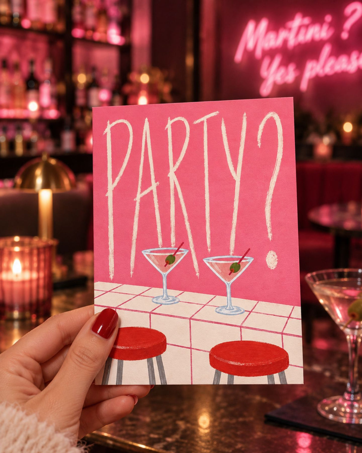 Carte Party Martini avec design festif et verre à martini