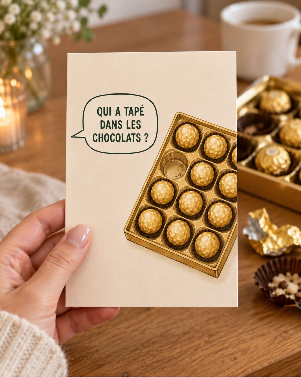Carte humoristique sur fond blanc avec illustration de chocolats