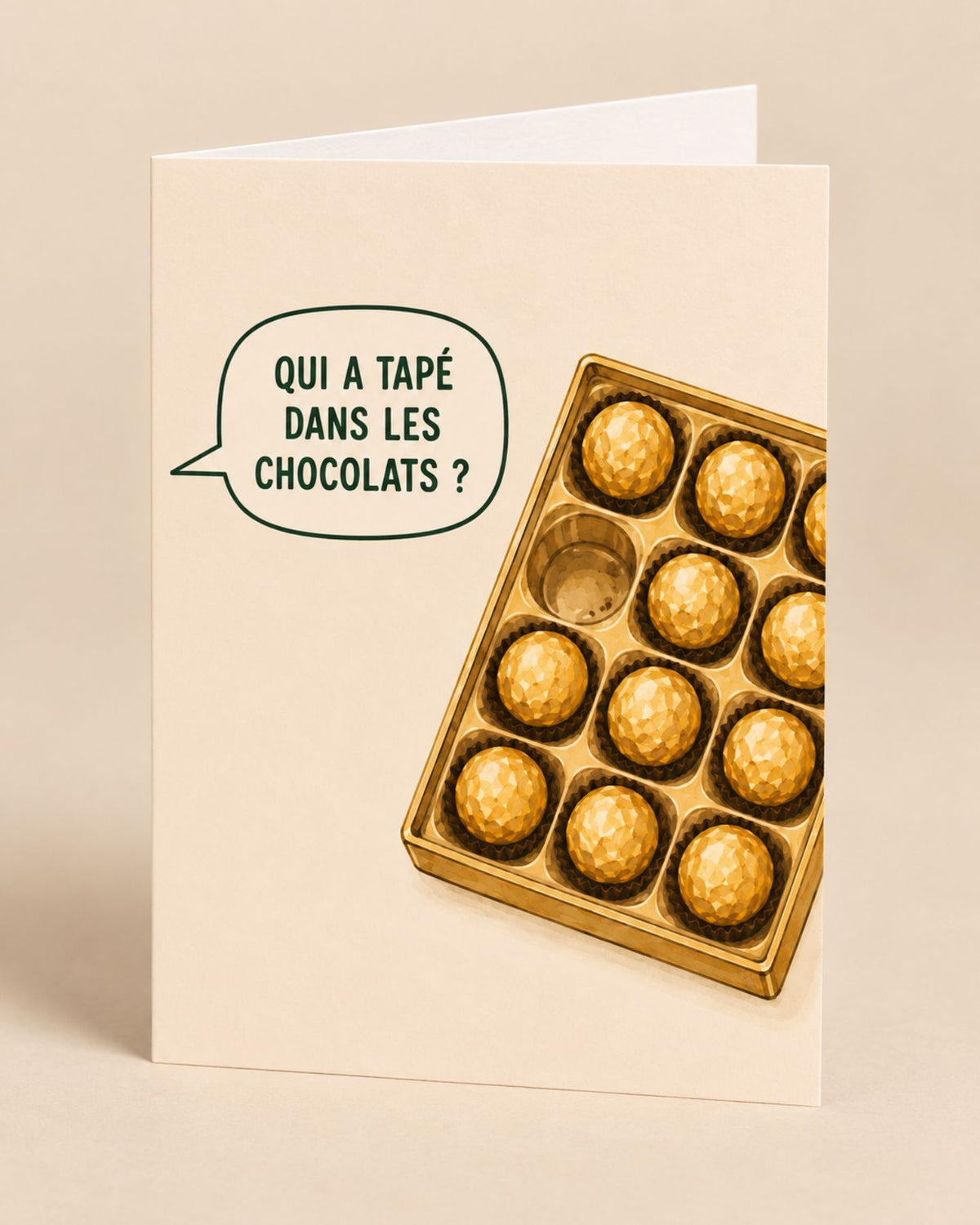 Carte humoristique sur fond blanc avec chocolat en arrière-plan