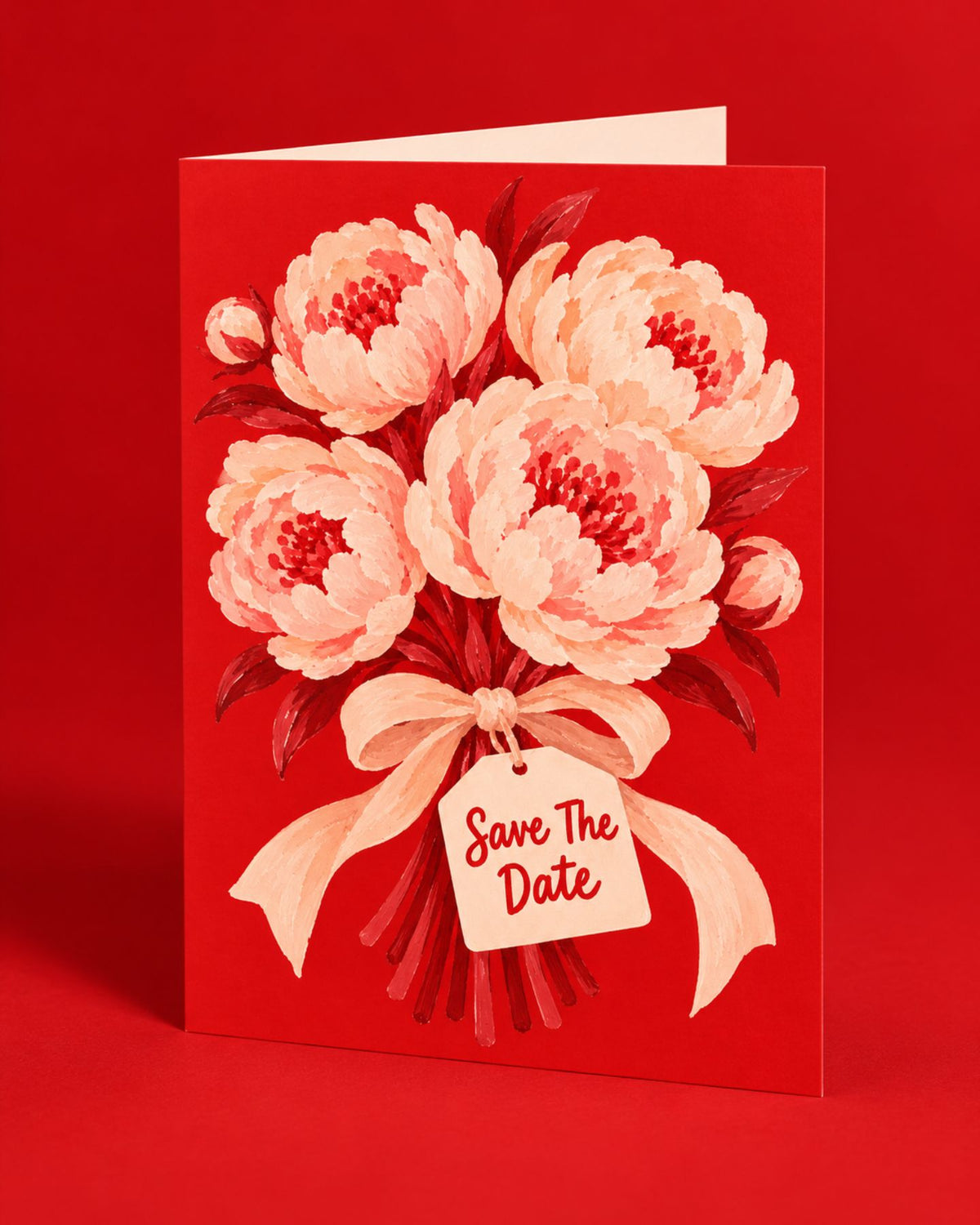 Carte Save the Date ornée d’un bouquet de pivoines peintes et d’une étiquette