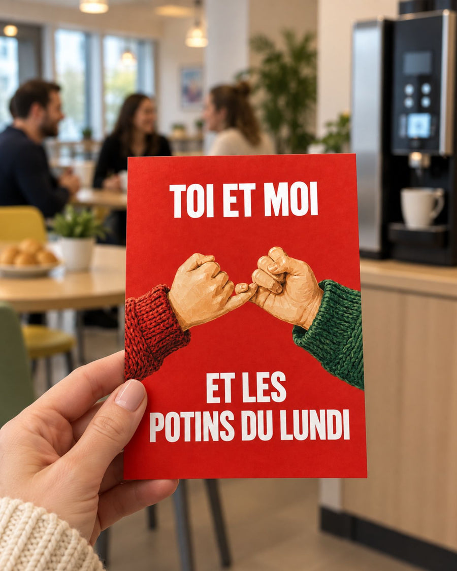 Carte humoristique sur fond clair, design coloré et texte accrocheur