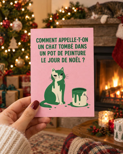 Carte de Noël illustrée d'un chat coloré et amusant