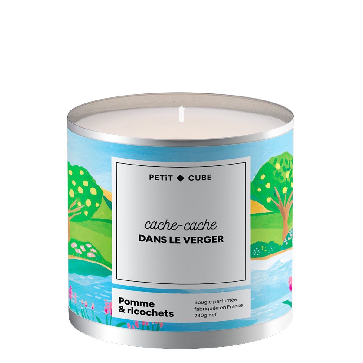 Bougie personnalisée avec motif pomme sur fond clair.