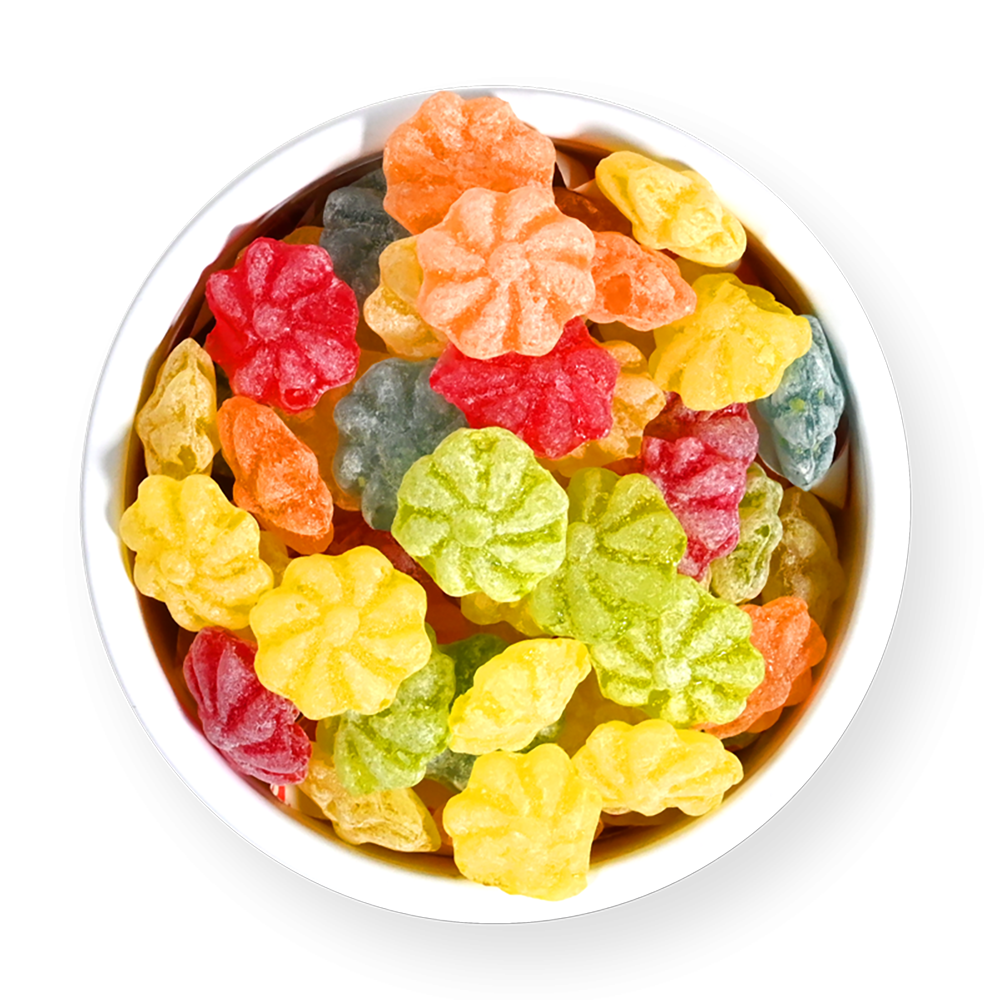Boîte de bonbons personnalisés avec motifs floraux colorés.