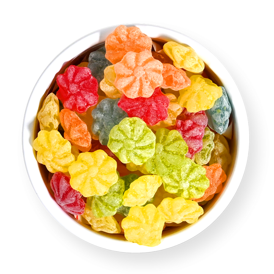 Boîte de bonbons personnalisés avec motifs floraux colorés.