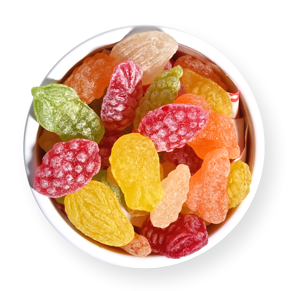 Boîte de bonbons personnalisés avec motif fruité coloré.