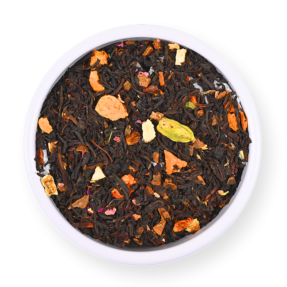 Boîte de thé personnalisée avec motif orange et cannelle.